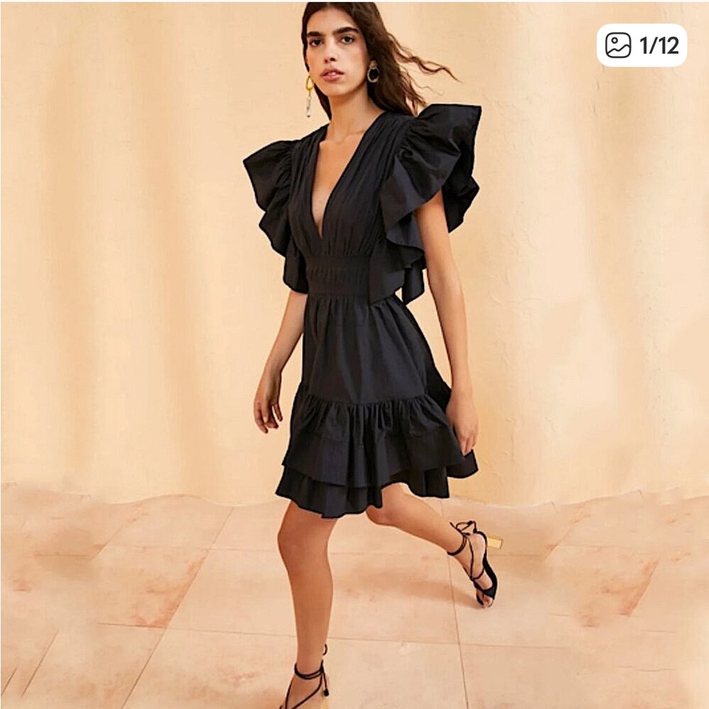 Ulla Johnson Kiri Smocked Waist V Neck Dress in Noir - size 0